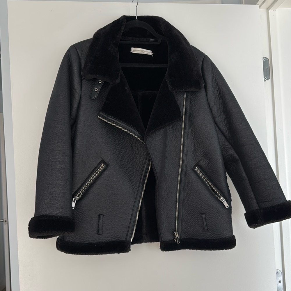 Zara oversized fur trim leather jacket